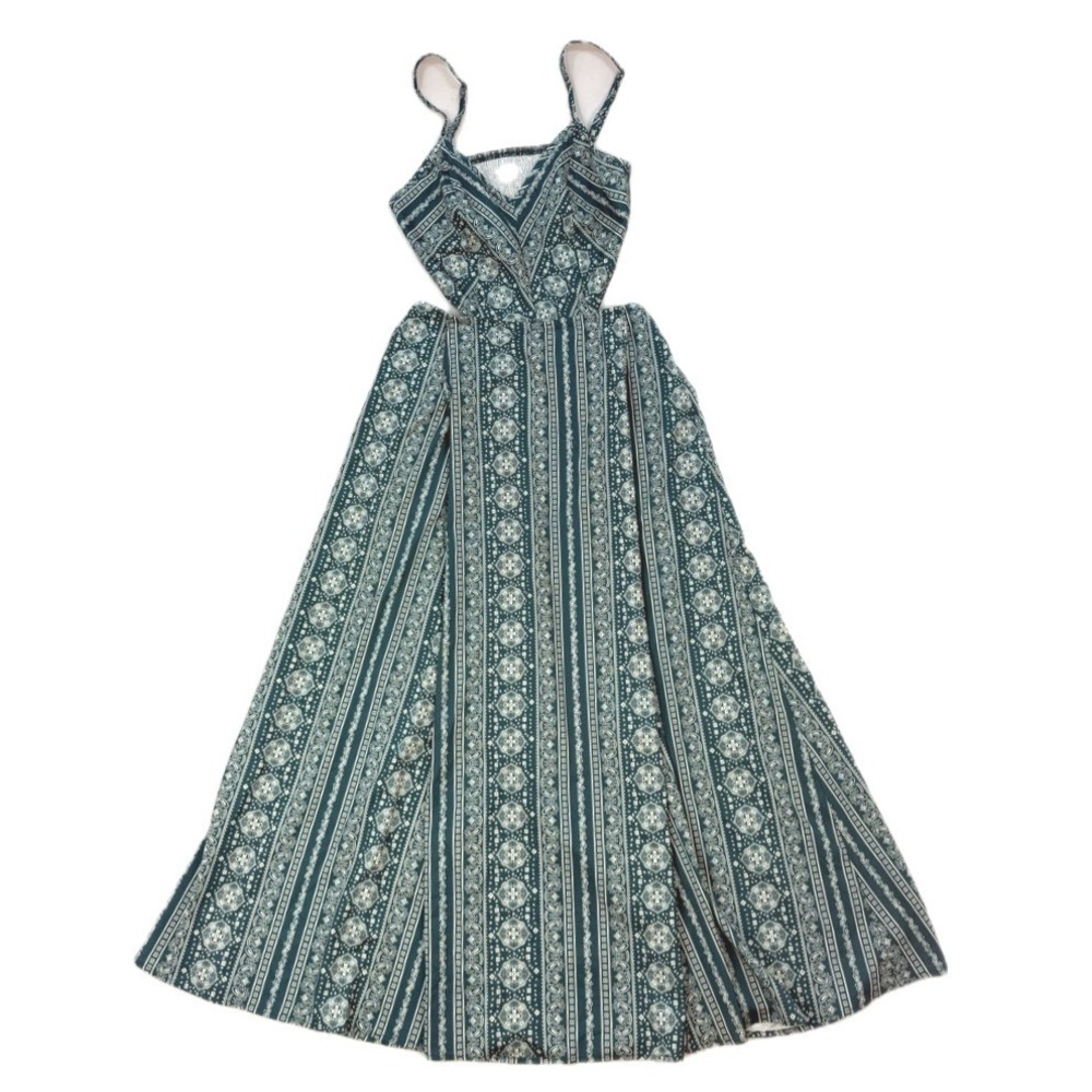 Teal Paisley Bandana Print Cut Out Double Slit Maxi Dress Medium